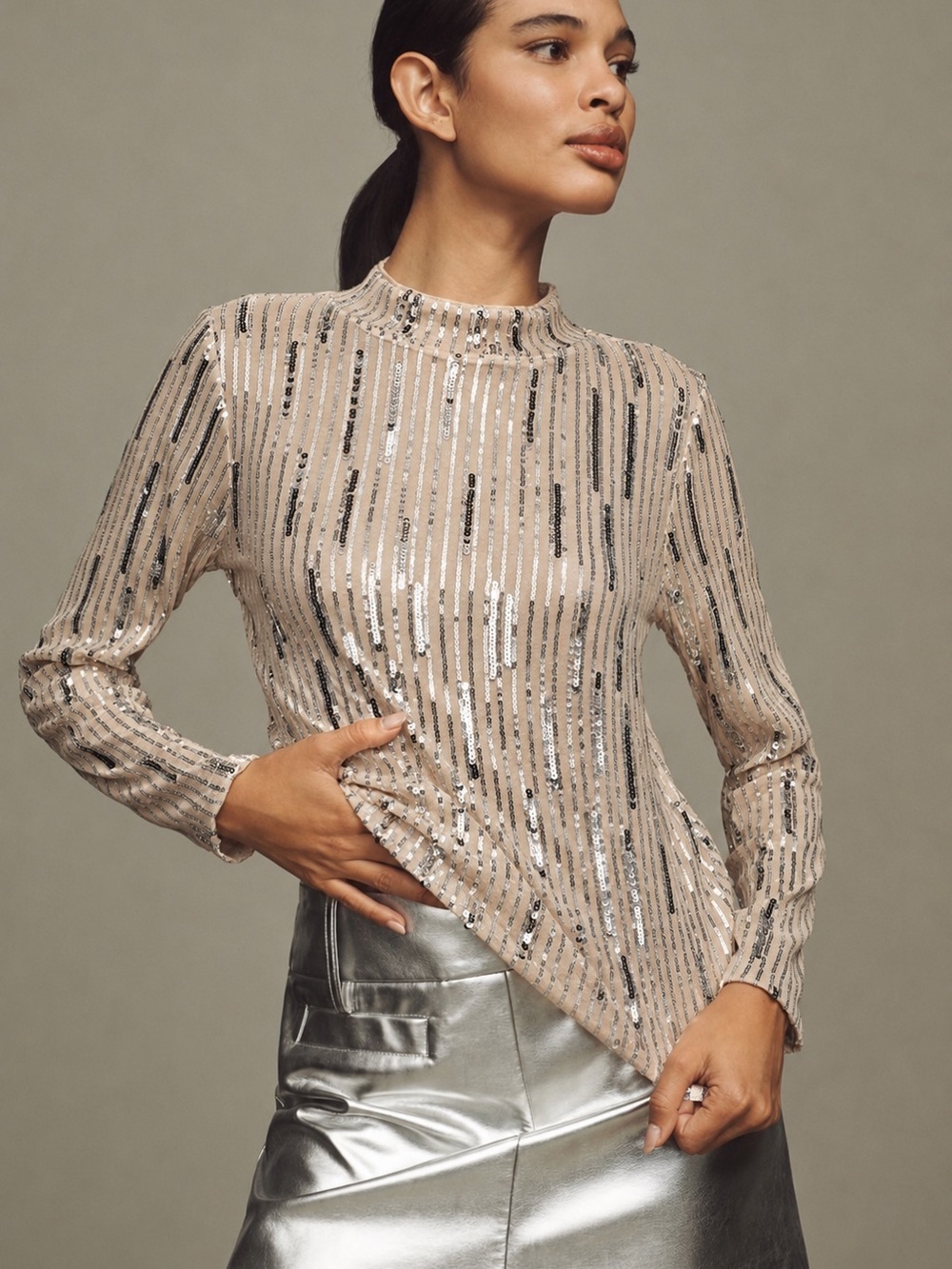 Sanctuary Long Sleeve Mock Neck Sequin Top Champagne Color NWT S $119